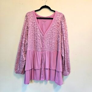 Torrid Super Soft Tunic Top Cardigan Women Sz 4X Mauve Layered Lace Bodice